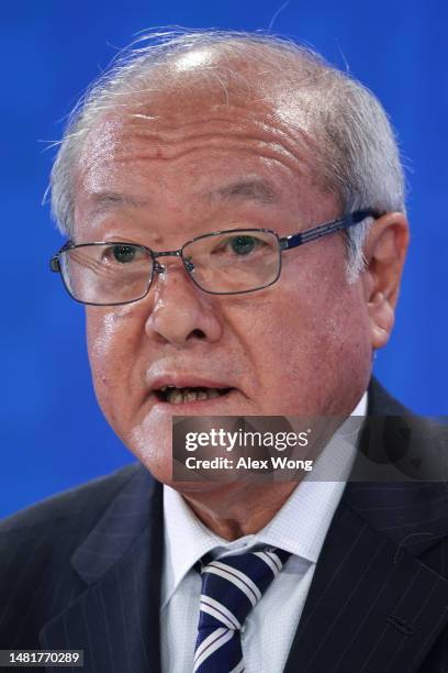 Japanese Finance Minister Shunichi Suzuki speaks during a news conference at the annual spring meetings of the World Bank Group and the International...