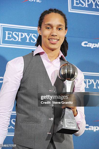 American women's college basketball player Brittney Griner, winner of the Best Female Athlete Award, poses backstage at the 2012 ESPY Awards at Nokia...