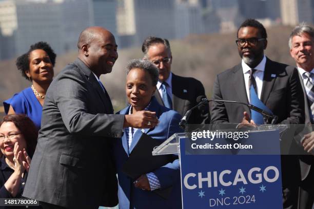 Chairman Jaime Harrison is greeted by Mayor Lori Lightfoot during an event to officially announce Chicago as the host city for the 2024 Democratic...