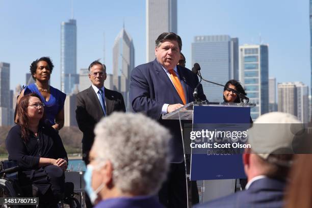 Illinois Governor J.B. Pritzker speaks to business and political leaders during an event to officially announce Chicago as the host city for the 2024...