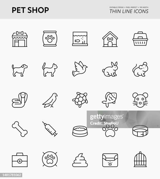 ilustrações, clipart, desenhos animados e ícones de ícones de traçado editáveis do pet shop - loja de animais de estimação