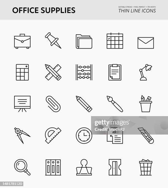 office supplies editable stroke icons - group of objects office stock illustrations