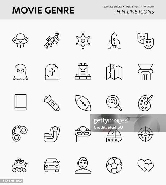 stockillustraties, clipart, cartoons en iconen met movie genre editable stroke icons - thriller film genre