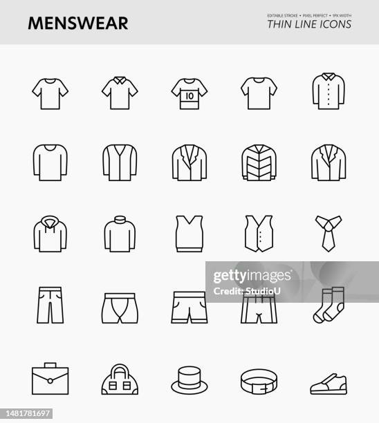 ilustrações de stock, clip art, desenhos animados e ícones de menswear editable stroke icons - hoodie