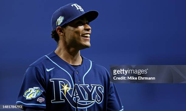 Taj Bradley of the Tampa Bay Rays pitches during a game against the Boston Red Sox at Tropicana Field on April 12, 2023 in St Petersburg, Florida.