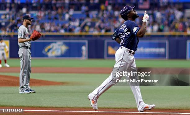 Randy Arozarena of the Tampa Bay Rays celebrates after hitting a three run home run in the first inning during a game against the Boston Red Sox at...