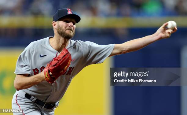 Chris Sale of the Boston Red Sox pitches during a game against the Tampa Bay Rays at Tropicana Field on April 12, 2023 in St Petersburg, Florida.