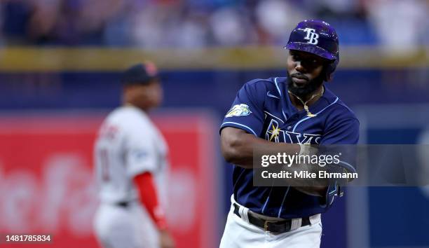 Randy Arozarena of the Tampa Bay Rays celebrates after hitting a three run home run in the first inning during a game against the Boston Red Sox at...