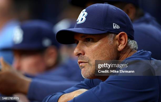 Manager Kevin Cash of the Tampa Bay Rays looks on during a game against the Boston Red Sox at Tropicana Field on April 12, 2023 in St Petersburg,...