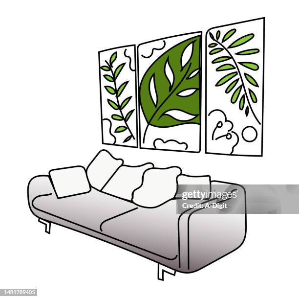 modern couch leaf paintings - grey sofa stock illustrations