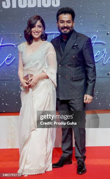 Yami Gautam and Aditya Dhar attend the Jio Studio announcement of upcoming films and web series on April 12, 2023 in Mumbai, India.