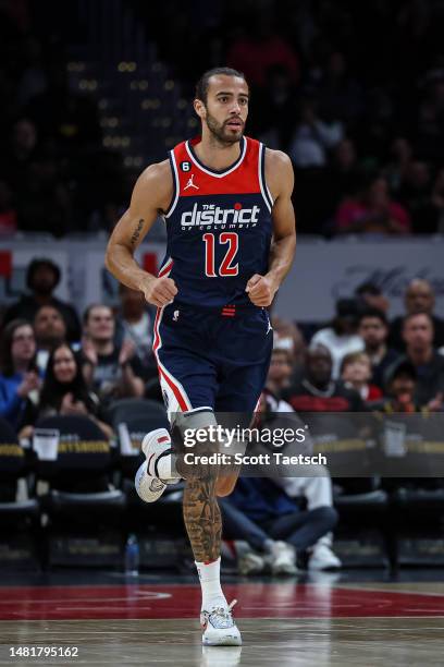 Xavier Cooks of the Washington Wizards in action against the Houston Rockets during the first half at Capital One Arena on April 9, 2023 in...