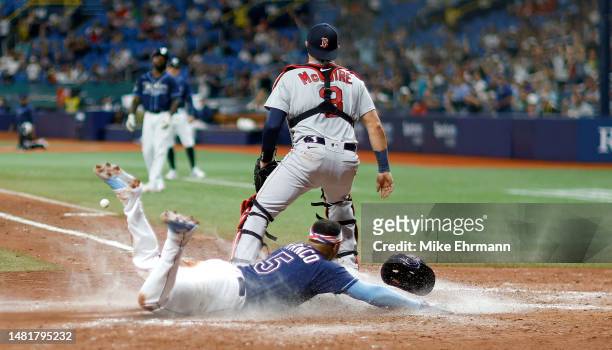 Wander Franco of the Tampa Bay Rays scores a run in the eighth during a game against the Boston Red Sox at Tropicana Field on April 12, 2023 in St...