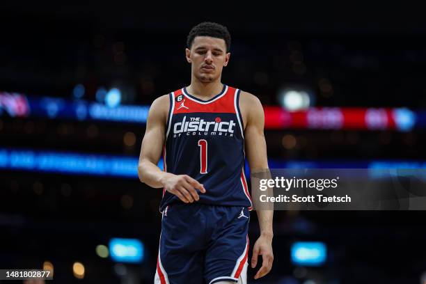 Johnny Davis of the Washington Wizards reacts against the Houston Rockets during the second half at Capital One Arena on April 9, 2023 in Washington,...