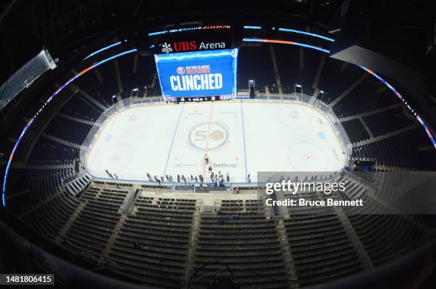 General view of the scoreboard following the New York Islanders victory over the Montreal Canadiens at the UBS Arena on April 12, 2023 in Elmont, New...