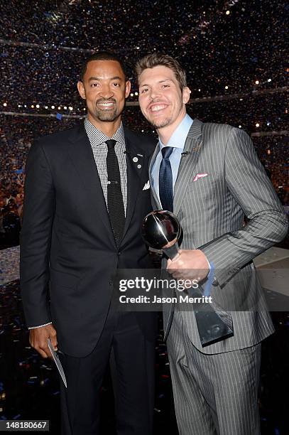 Players Juwan Howard and Mike Miller of the Miami Heat, winners of the Best Team Award pose onstage during the 2012 ESPY Awards at Nokia Theatre L.A....