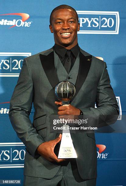 Player Demaryius Thomas accepts award for Best Moment poses in the press room during the 2012 ESPY Awards at Nokia Theatre L.A. Live on July 11, 2012...