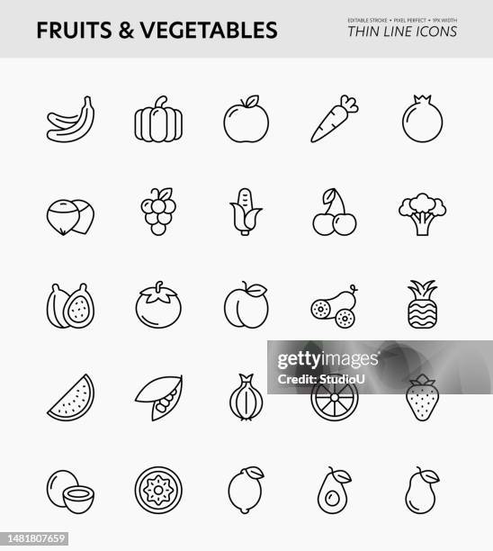 fruits and vegetables editable stroke icons - hazelnut stock illustrations