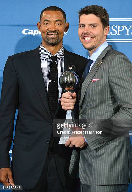Juwan Howard and Mike Miller of the Miami Heat with award for Best Team posing in the press room during the 2012 ESPY Awards at Nokia Theatre L.A....