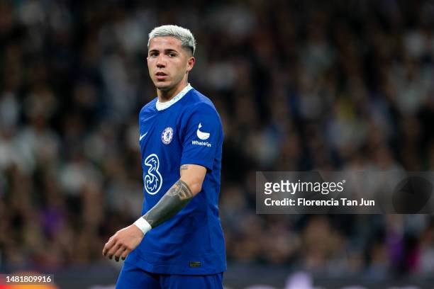 Enzo Fernandez of Chelsea looks on during the UEFA Champions League quarterfinal first leg match between Real Madrid and Chelsea FC at Estadio...