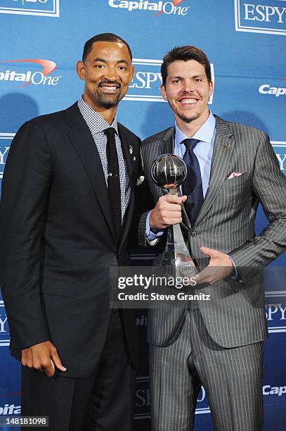 Players Juwon Howard and Mike Miller of the Miami Heat poses in the press room during the 2012 ESPY Awards at Nokia Theatre L.A. Live on July 11,...