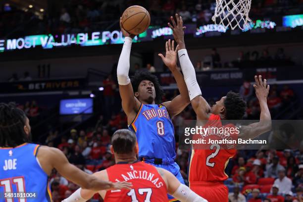 Jalen Williams of the Oklahoma City Thunder shoots against Josh Richardson of the New Orleans Pelicans during the first half at the Smoothie King...