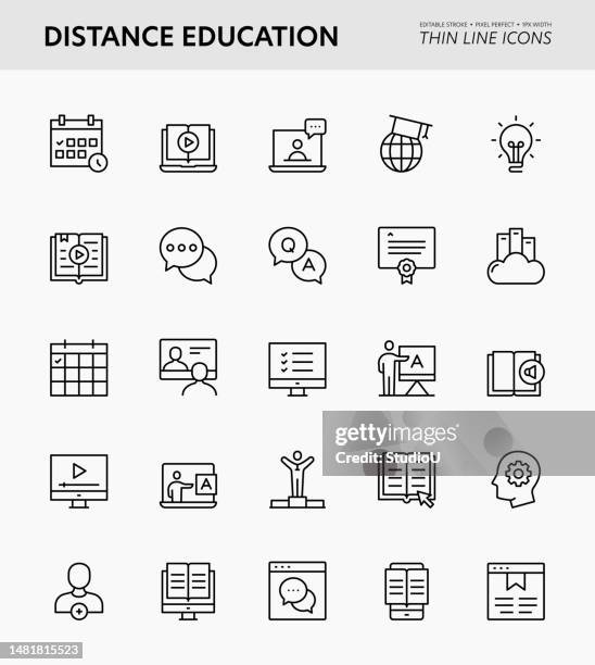 ilustraciones, imágenes clip art, dibujos animados e iconos de stock de educación a distancia iconos de trazo editables - audiolibro
