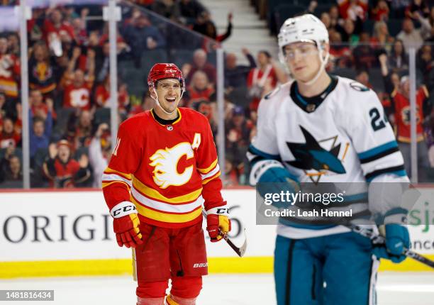 Mikael Backlund of the Calgary Flames smiles after his assist on a second period goal against the San Jose Sharks at the Scotiabank Saddledome on...