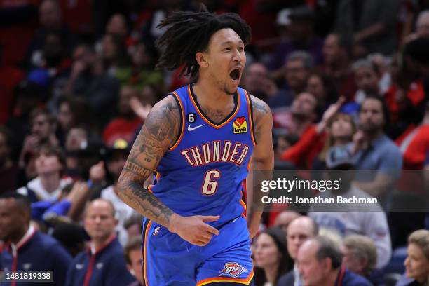 Jaylin Williams of the Oklahoma City Thunder celebrates a 3-point shot during the second half against the New Orleans Pelicans at the Smoothie King...