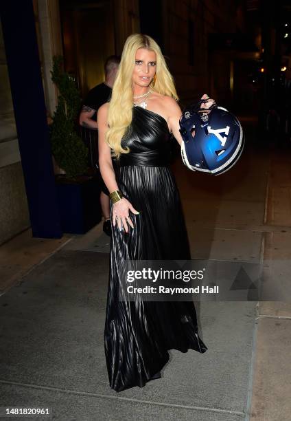 Jessica Simpson is seen with a Yale University football helmet on April 12, 2023 in New York City.