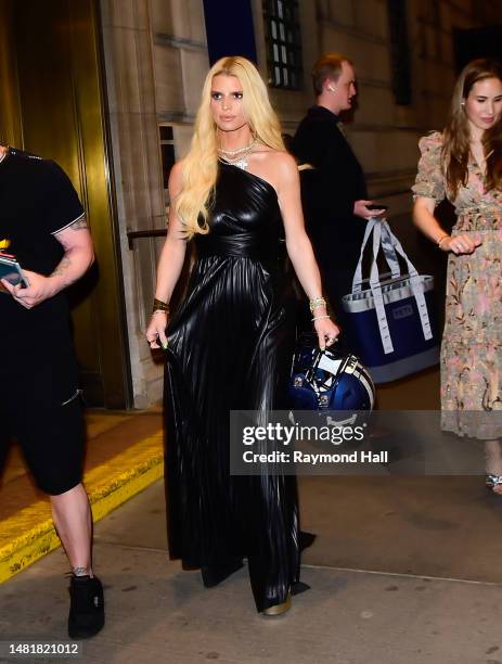 Jessica Simpson is seen with a Yale University football helmet on April 12, 2023 in New York City.