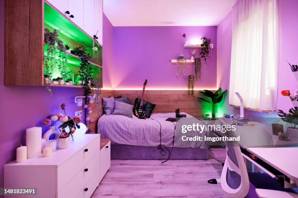 teenage girl's room - purple room stock pictures, royalty-free photos & images