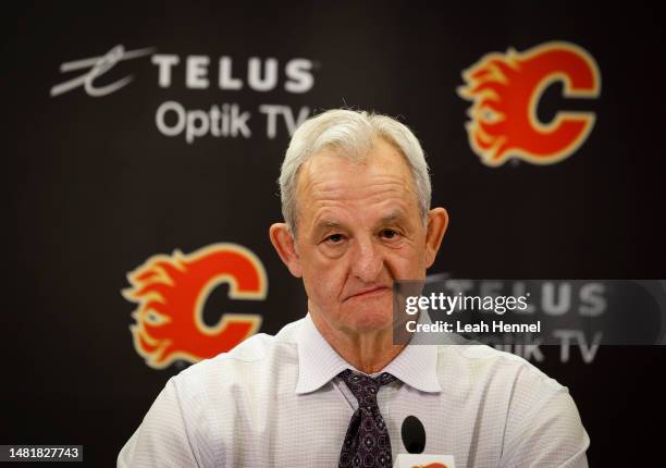 Head coach Darryl Sutter of the Calgary Flames speaks to the media after a 3-1 win over the San Jose Sharks at the Scotiabank Saddledome on April 12...
