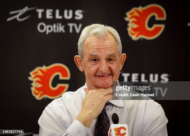 Head coach Darryl Sutter of the Calgary Flames speaks to the media after a 3-1 win over the San Jose Sharks at the Scotiabank Saddledome on April 12...