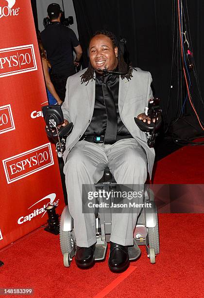 Eric LeGrand, winner of the Jimmy V Award for Perseverence poses backstage during the 2012 ESPY Awards at Nokia Theatre L.A. Live on July 11, 2012 in...