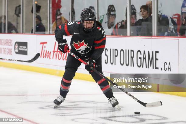 Defender Jocelyne Larocque of Canada moves the puck against Switzerland during the 2023 IIHF Women's World Championship at CAA Centre on April 05,...
