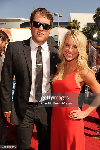 Detroit Lions player Matthew Stafford and guest arrive at the 2012 ESPY Awards at Nokia Theatre L.A. Live on July 11, 2012 in Los Angeles, California.