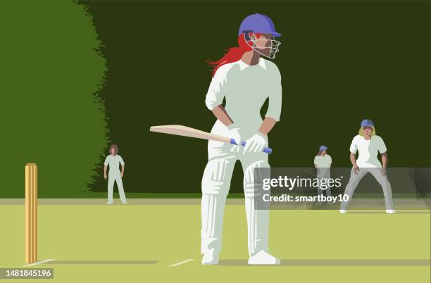 illustrazioni stock, clip art, cartoni animati e icone di tendenza di giocatrici di cricket femminile - cricket player