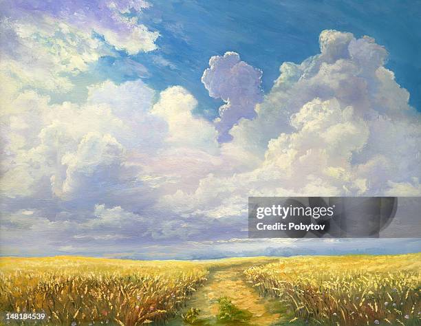 plant of wheat - landscape painting stock illustrations