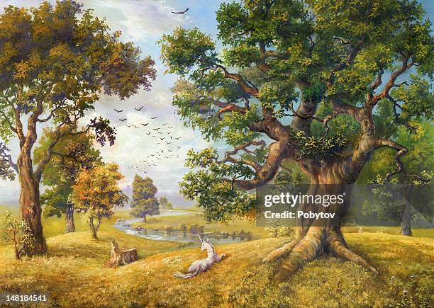 alive land - unicorn painting stock illustrations