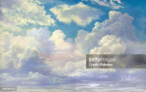 illustrazioni stock, clip art, cartoni animati e icone di tendenza di panorama di nuvole - dipinto