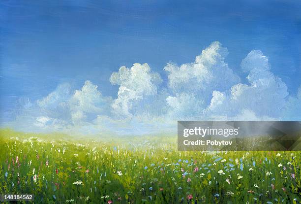 blossoming meadow - spring fields stock illustrations