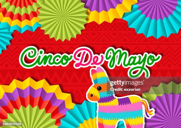 stockillustraties, clipart, cartoons en iconen met cinco de mayo paper fans & pinata - cinco de mayo