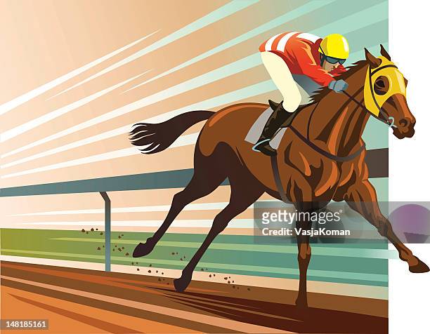 illustrazioni stock, clip art, cartoni animati e icone di tendenza di purosangue cavallo da corsa - jockey