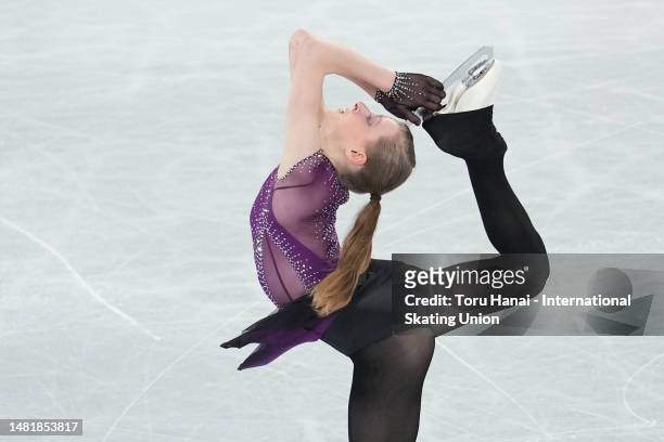 Lorine Schild of France competes in the Women's Short Program during the World Team Trophy at Tokyo Metropolitan Gymnasium on April 13, 2023 in...