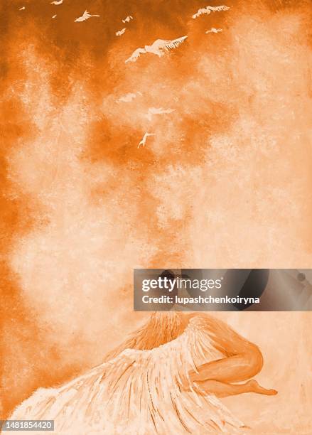illustration oil painting portrait figure of a  woman form of a guardian angel with wings protecting her child in sepia sky - baby angel wings stock illustrations