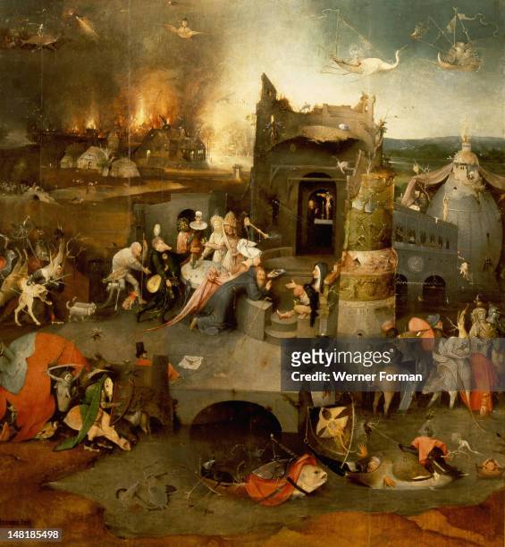The triptych of 'The Temptation of St Anthony' by Hieronymus Bosch , St Anthony was a prominent leader of the Desert Fathers and was tormented by...