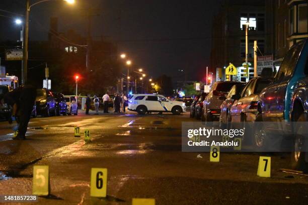 View of crime scene from the mass shooting in Philadelphia, United States on July 3, 2023. Six people were shot in total, four people were killed as...