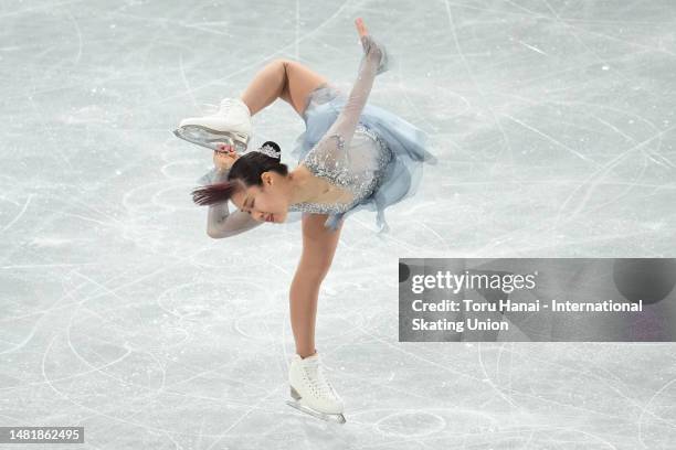 Mai Mihara of Japan competes in the Women's Short Program during the World Team Trophy at Tokyo Metropolitan Gymnasium on April 13, 2023 in Tokyo,...