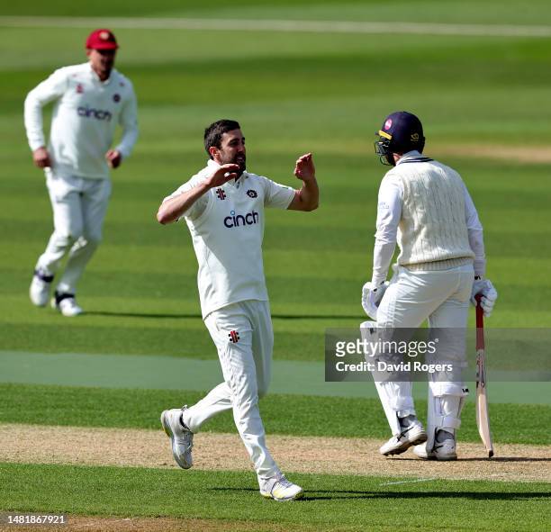 Ben Sanderson of Northamptonshire celebrates after taking the wicket of Mark Stoneman during the LV= Insurance County Championship Division 1 match...